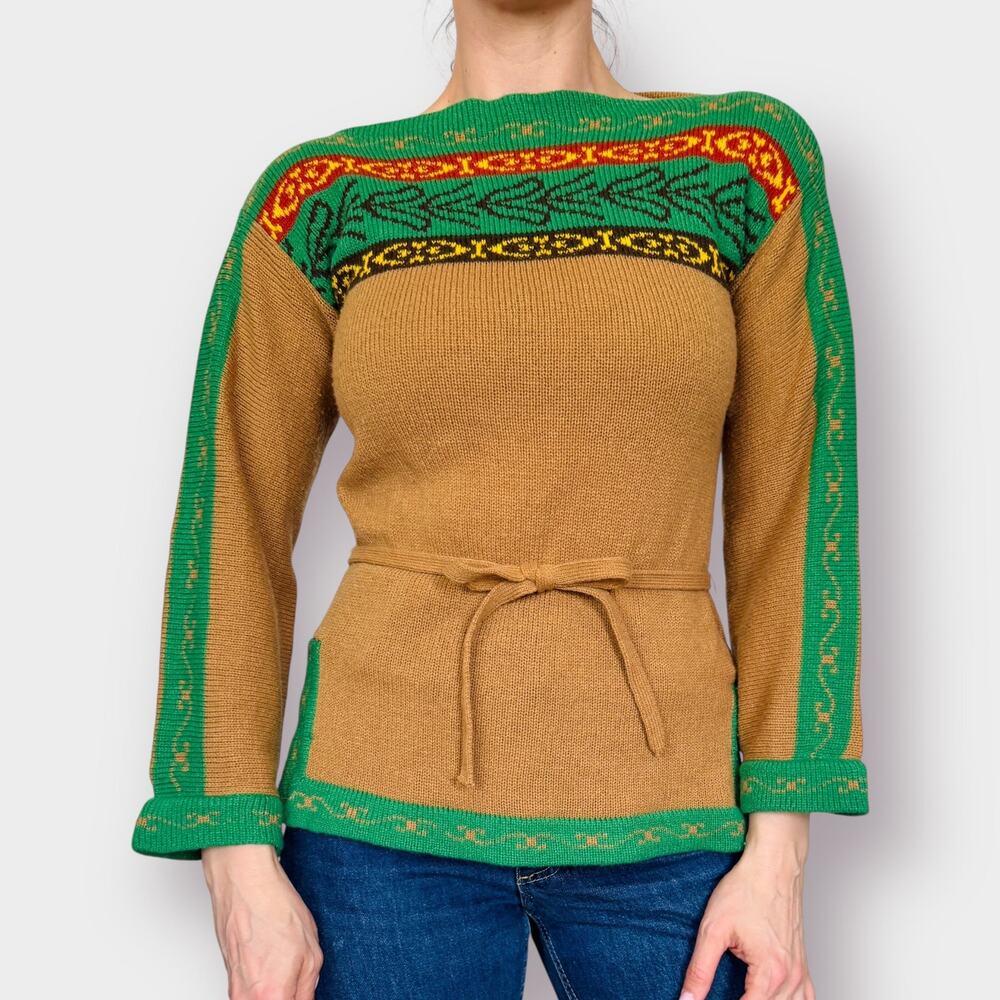 70s Tan Green Tunic Sweater Size M - Picture 3 of 7